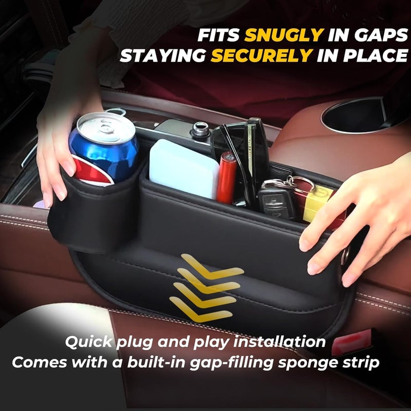 PLEW 2-Pack Black Obsidian Car Seat Gap Filler, Premium Leather Console Organizer Universal Fit for Car SUV Truck Multi-Purpose Essentials Organizer - Car Seat Gap Filler Organizer with Cup Holder - Image 4